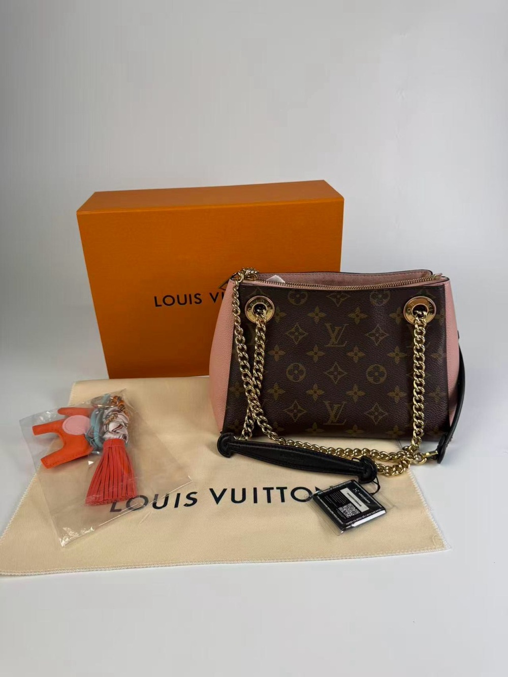 Louis Vuitton Monogram Canvas Shoulder Bag with Pink Trim and Gold Chain